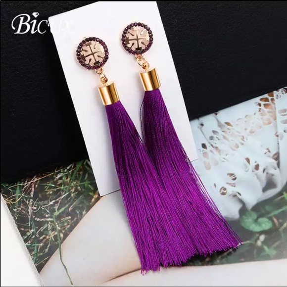 New  Bohemian Tassel Crystal Fabric Long Earrings - Picture 2 of 3